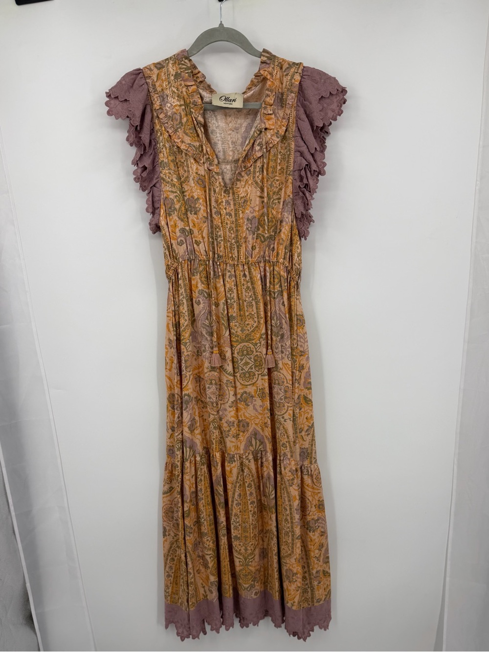 Anthro x Ollari Boho Paisley Maxi Dress Lace Flutter Sleeve Tiered Midi - Picture 2 of 6